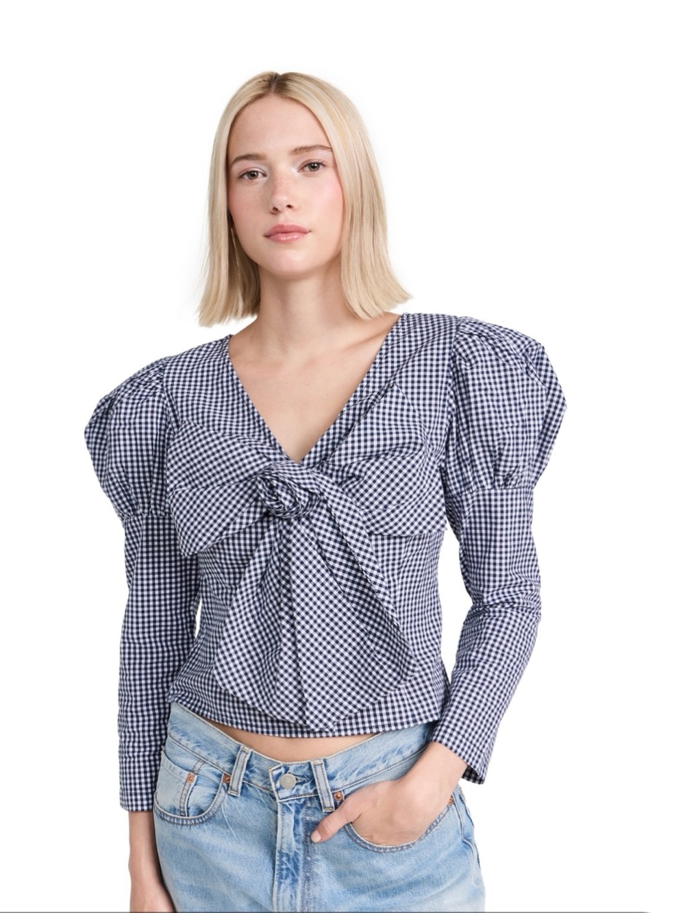 Sandy Liang Navy and White Gingham Bow Front Puff Sleeve Top